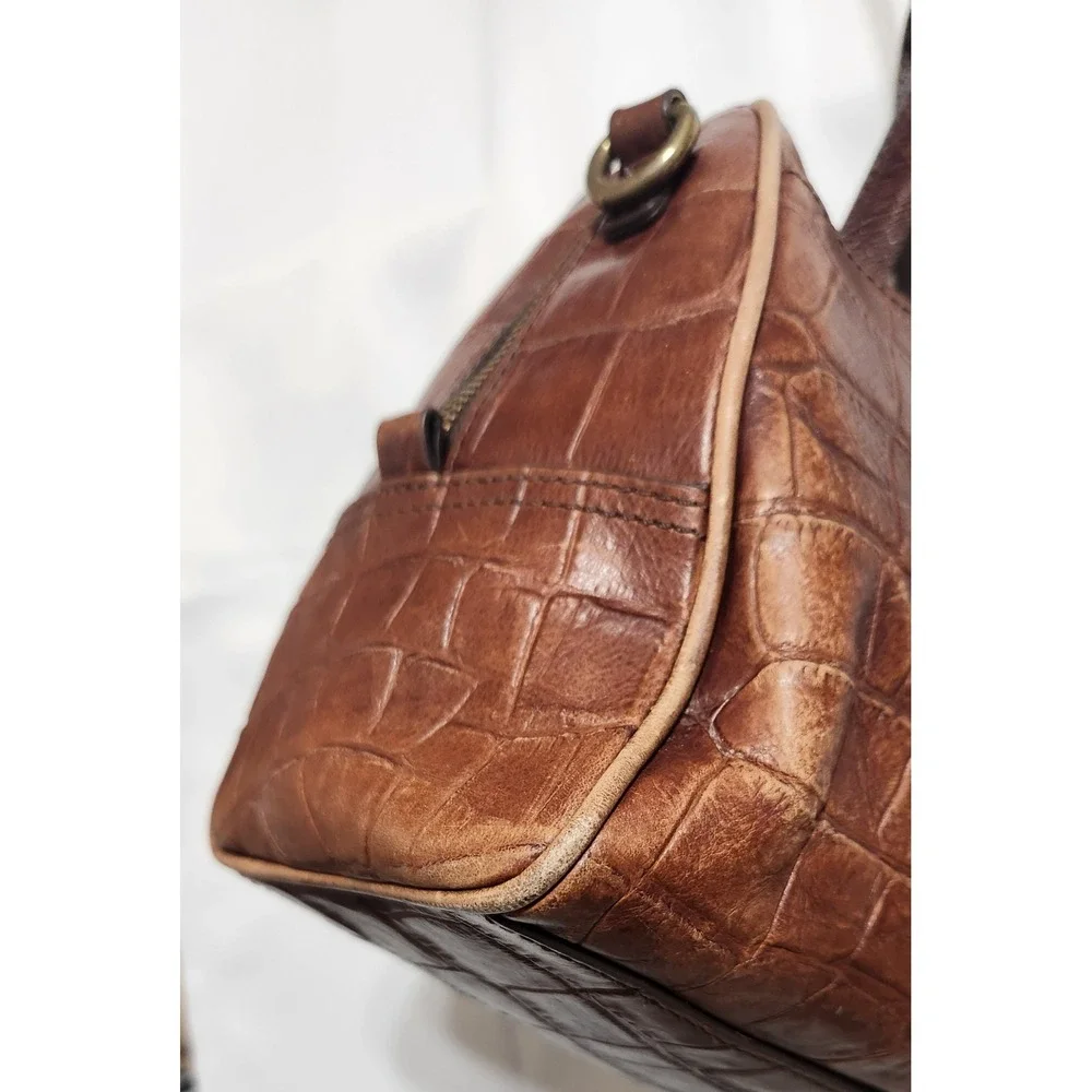 Fossil Brown Croc Embossed Leather Satchel Handbag SHB1140 Brass Hardware